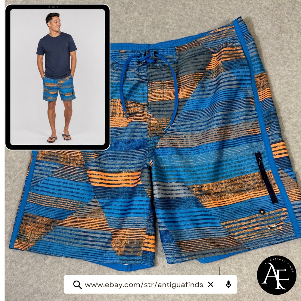 Nike Mens Swim Trunks XL Blue Orange Geometric Stripe Board Shorts Zipper Pocket